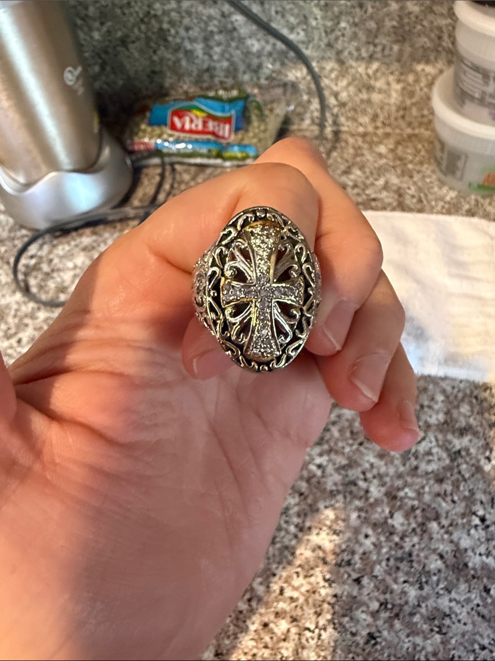 Men's Silver-Tone Cross Signet Ring - Ornate Design